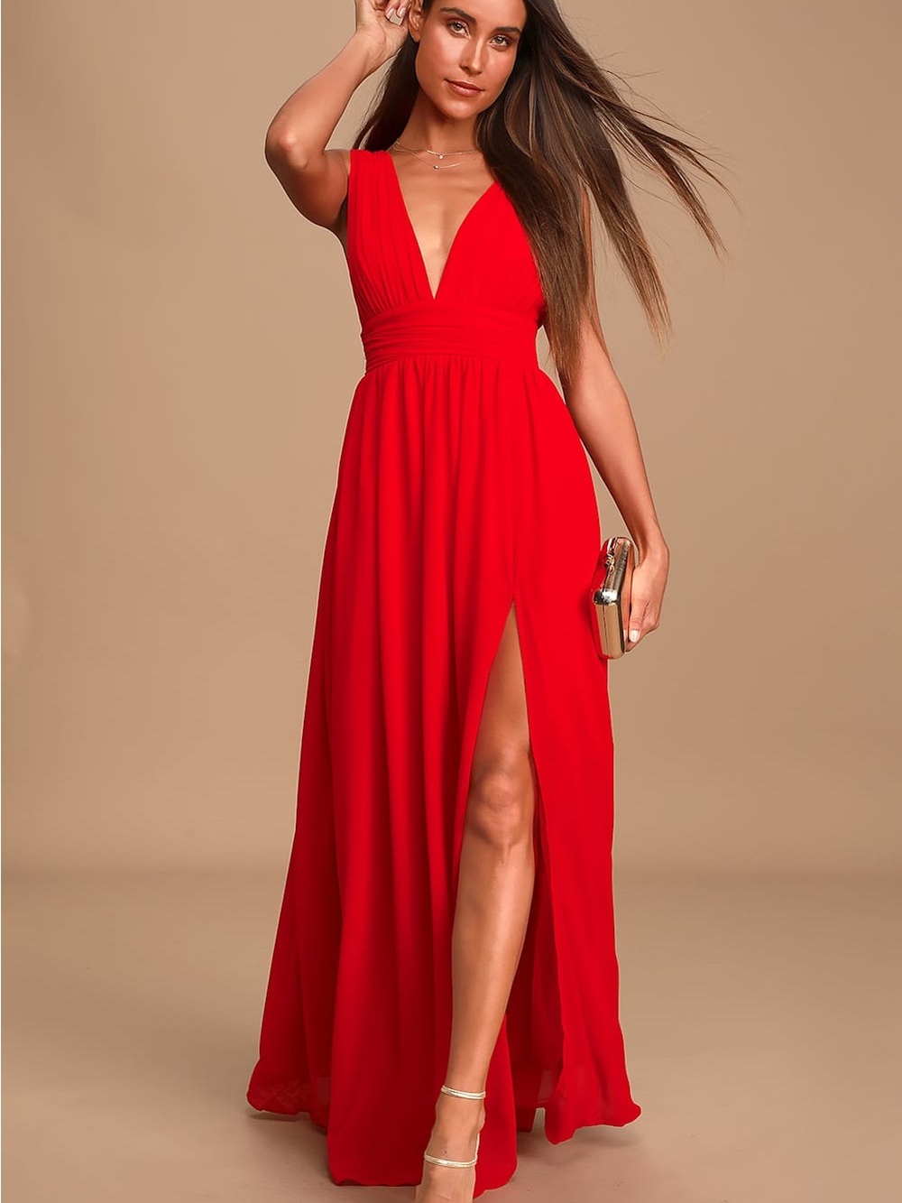 Lulu's Red Deep V-Neck Maxi Dress with High Slit